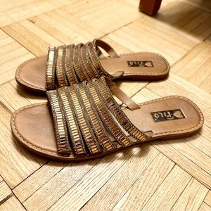 Beaded Metallic Slide Sandals Bronze & Gold Embellished Flats Ethnic Boho Style